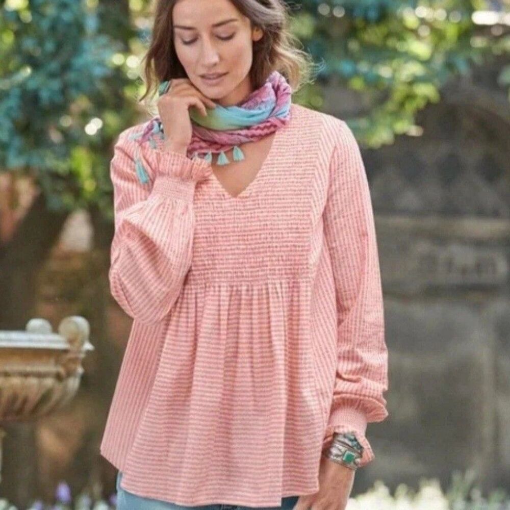 Sundance Julia Striped Smocked Front Blouse Womens Size Small Peach Pink & White